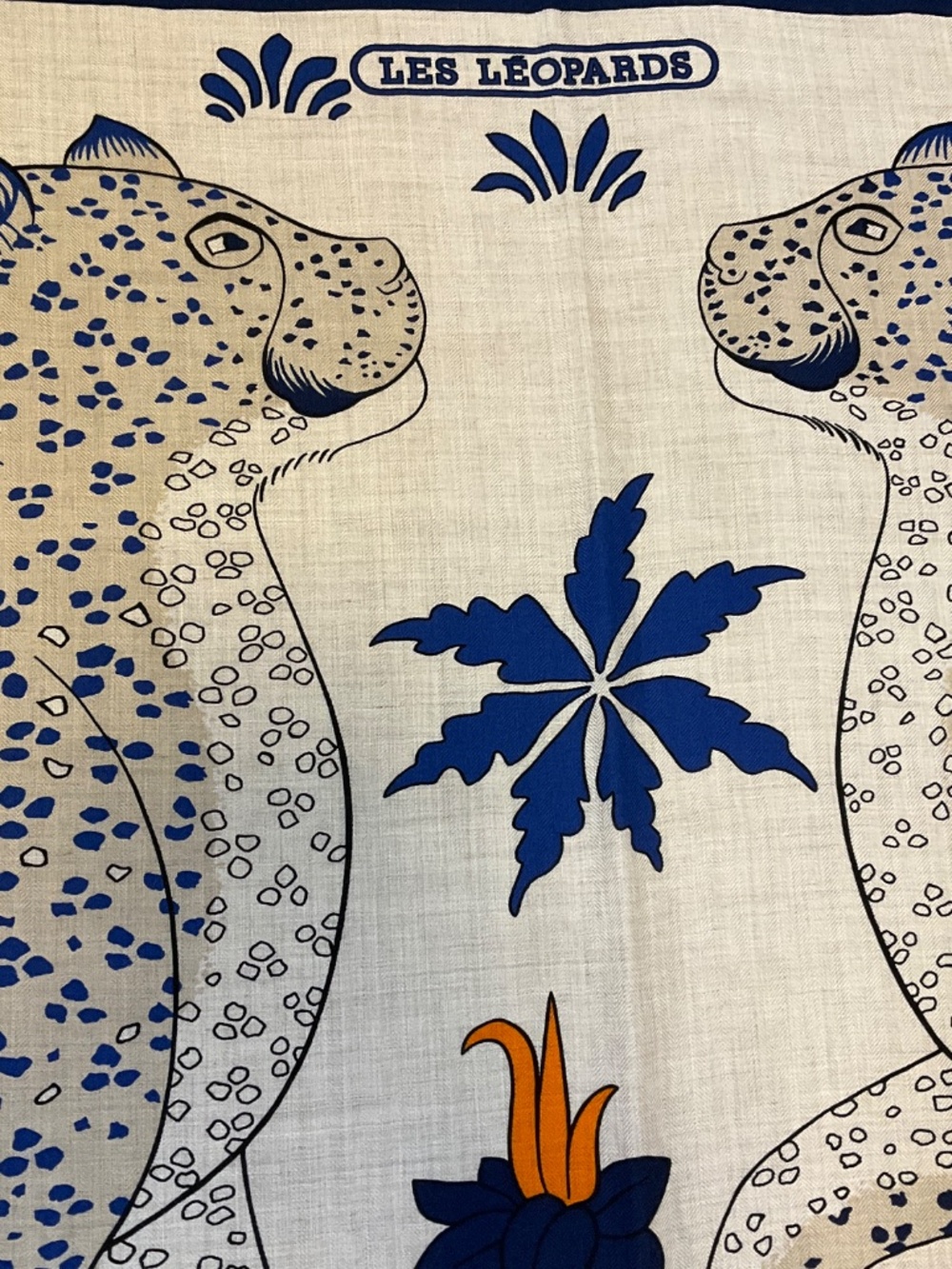 HERMES NATURAL / BLUE / ORANGE LES LEOPARDS LARGE CASHMERE AND SILK SCARF - Picture 7 of 7